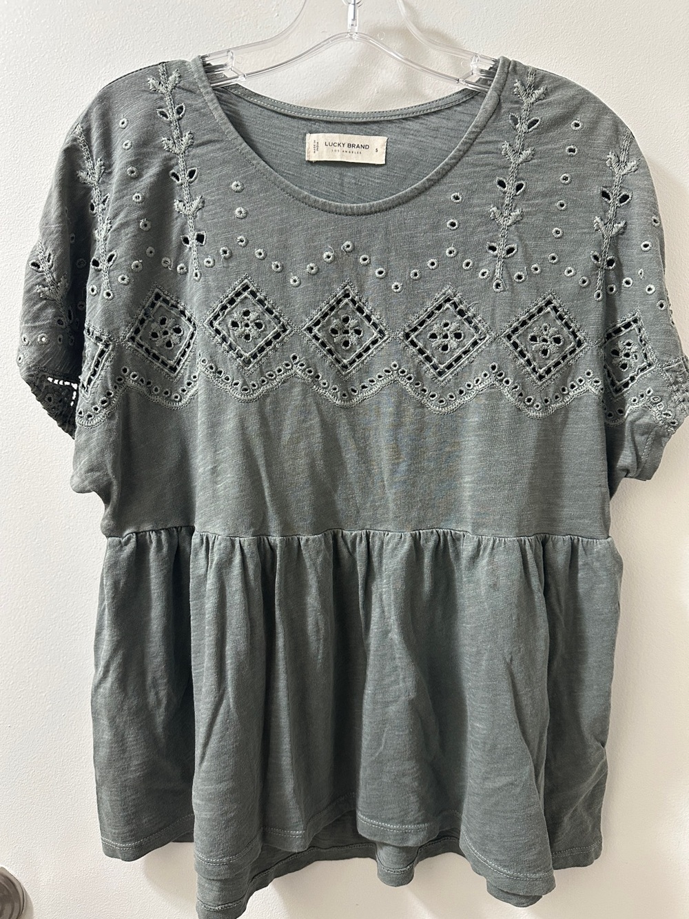 Lucky Brand Sage Green Eyelet Embroidered Peplum Top